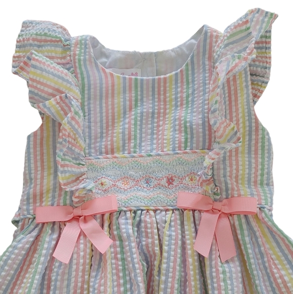 Bonnie Jean Girls Flutter Sleeved Striped Seersucker Dress w/ Smocking & Bows - Picture 3 of 7